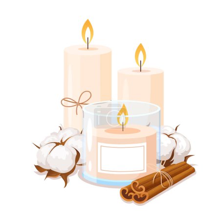 Beautiful aesthetic burning candles with dried fluffy cotton flowers for home decoration and relaxing.