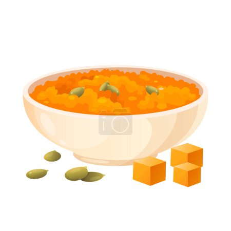Tasty pumpkin porridge in bowl with ripe pumpkin cubes and pumpkin seeds near.