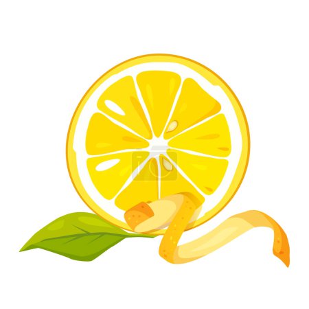 Fresh lemon slice with leaf and lemon zest isolated on white background.