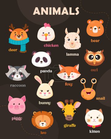 Set of cute animals head for children's card and invitation includes giraffe,kitten,leo,piggy,bunny,snail,raccoon,panda,foxy,owl,lamma,chicken,deer,bear.