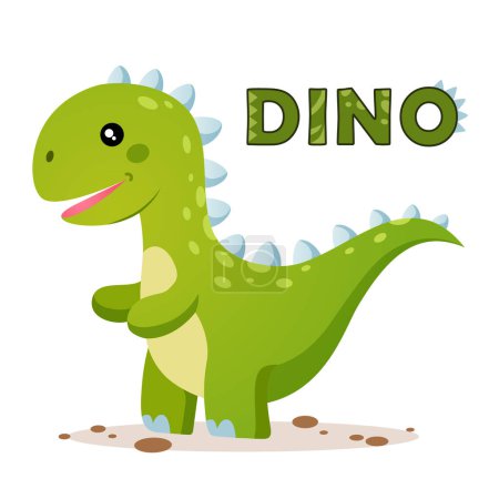 Cute baby dino in natural environment with text isolated on white background.