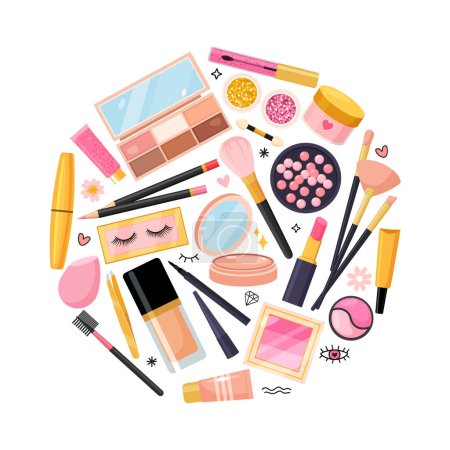 Set of cute make up elements collectionin round.