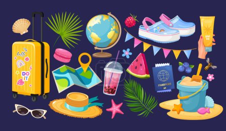 Conjunto de iconos de verano lindo conjunto con atributos de playa, descanso, vacaciones y elementos de viaje.
