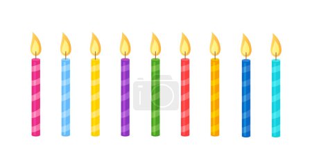 Colorful birthday burning candles for holiday cake isolated on white background.