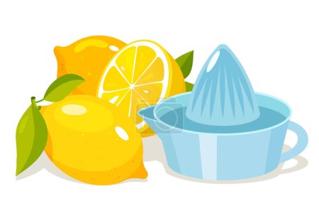 Frutas enteras y medias de limones con exprimidor de limón aislado sobre fondo blanco.