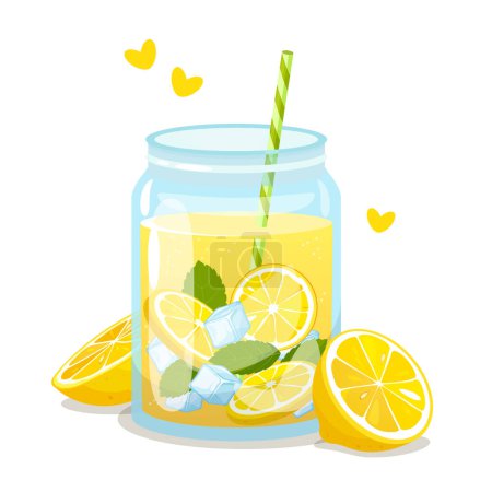 Deliciosa limonada helada de verano en tarro de cristal con paja y limones frescos aislados sobre fondo blanco.
