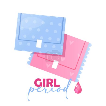 Vektor-Illustration für die Menstruation von Frauen mit Hygienepads und Schriftzug Mädchen auf weißem Hintergrund isoliert.