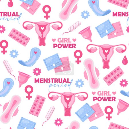 Vektor nahtloses Muster für Mädchen mit Menstruationssymbolen beinhaltet 