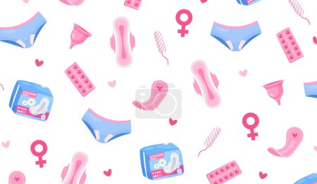 Vektor-Flachhintergrund mit Menstruationsperiode-Symbolen enthält verschiedene Hygieneeinlagen, Tampons, Menstruationstasse, Pillen, Unterwäsche und dekorative Herzen.
