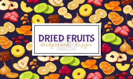 Vector cartoon background with dried fruits and berries on purple background.