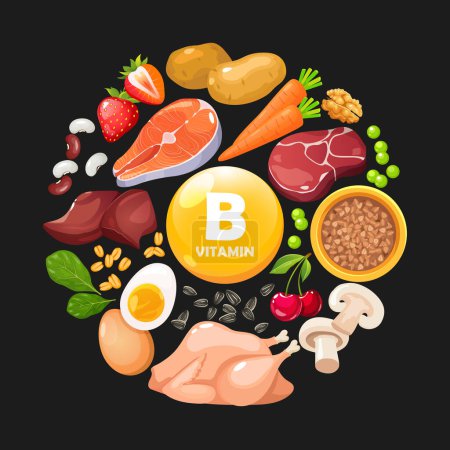 Illustration vectorielle du groupe de fruits et légumes enrichis en vitamine B.