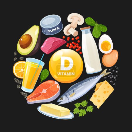 Vektor-Illustration von mit Vitamin D angereicherten Produkten für einen gesunden Lebensstil.