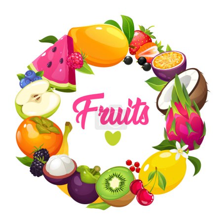 Colorful frame with different tropical fruits, berries and lettering isolated on white background.