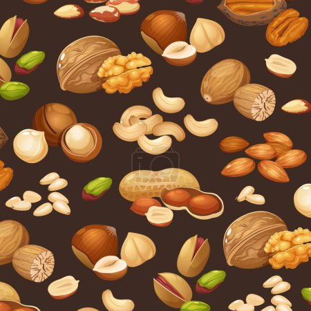 Vector seamless pattern with nuts collection includes cashew,walnuts,macadamia,brazil nut,pecan,hazelnut,peanut,pistachios,nutmeg,pine nuts,almond.