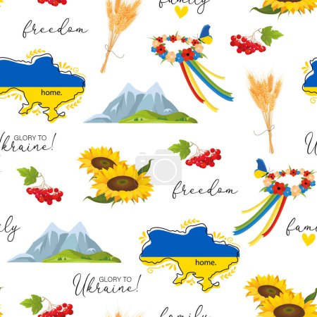 Patrón sin costura vectorial con símbolos nacionales ucranianos incluye mapa ucraniano, viburnum, flores corona, espigas de trigo, montañas de los Cárpatos