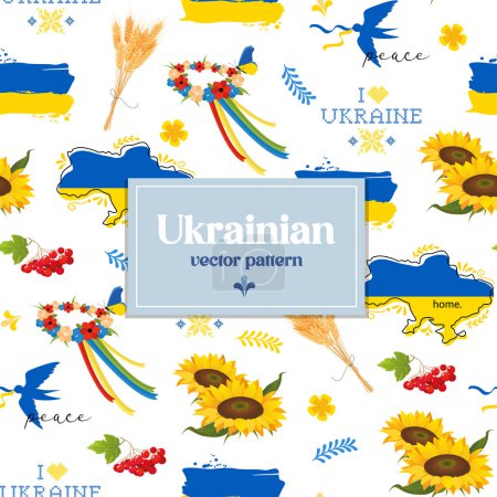 Vector seamless pattern with Ukrainian national symbols includes ukrainian map,sunflowers,viburnum,national flag,flowers wreath,ears of wheat, etc.