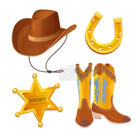 Wild West icônes ensemble comprend fer à cheval doré, chapeau de cow-boy et bottes, insigne de shérif isolé sur fond blanc.