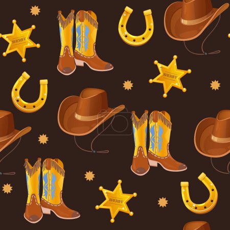 Wild west vector seamless pattern includes golden horseshoe, cowboy hat and boots, sheriff badge.