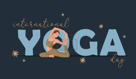 International yoga day vector illustration banner with woman practising yoga exercises. Healthy lifestyle concept