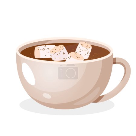 Cup of hot chocolate with marshmallows and cocoa powder.