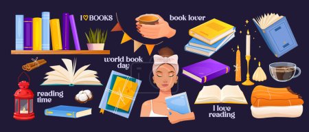 Big vector set with book icons and different cozy reading elements.