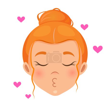 Cute cartoon girl character with lovely emotions and hearts around.