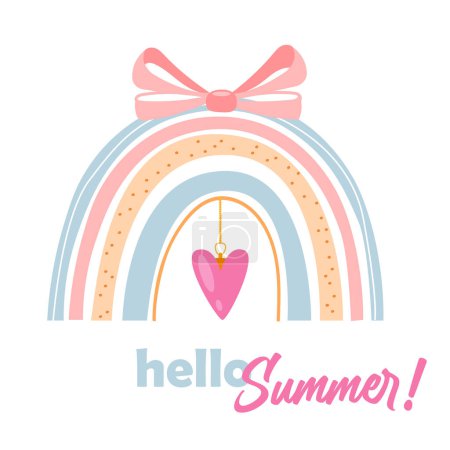 Caricatura vectorial arco iris boho con letras Hello Summer.