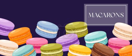 Bright background with colorful macarons dessert on purple background with label.
