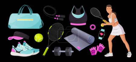 Jugadora de tenis profesional en ropa deportiva con diferentes equipos deportivos, ropa, etc..