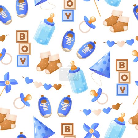 Baby boy elements seamless pattern with kids clothes,toys,birthday elements,etc.