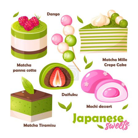 Set verschiedener traditioneller japanischer Nachspeisen umfasst Mochi, Daifuku, Matcha-Tiramisu, Dango, usw..