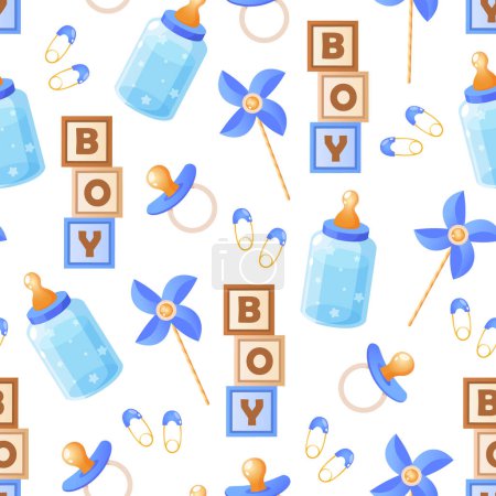 Baby boy elements seamless pattern with kids accessories, toys, etc.