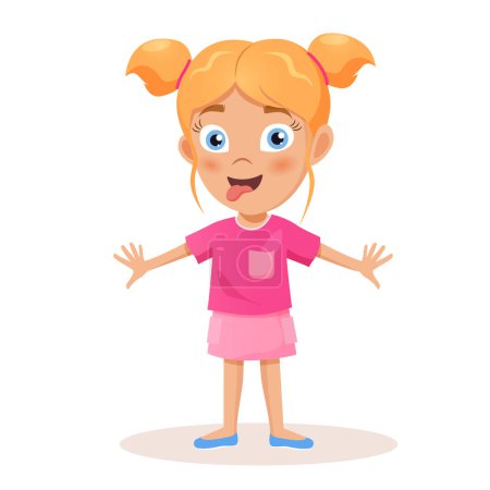 Cartoon funny baby girl character in pink clothes isolated on white background.