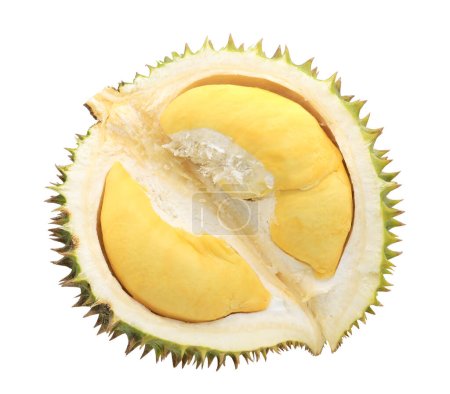 Fruits duriens coupés en deux isolés sur fond blanc.