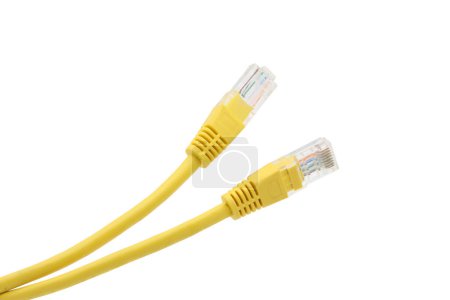 Foto de Yellow network cables with molded RJ45 plug on transparent background (PNG File) - Imagen libre de derechos