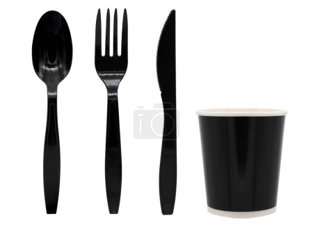Black plastic spoon fork knife and cup isolated on white background