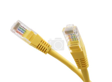 Yellow network cables with molded RJ45 plug isolated on white background