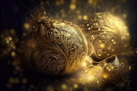 Photo for Greeting Season  ornate gold fantasy Christmas concept.close up of ornaments on a Gold  Christmas tree with decorative light background. - Royalty Free Image