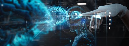 Foto de AI Inteligencia Artificial, Ciencia de Datos, Concepto de Tecnología de la Información. científico tocando el aprendizaje automático de IA en la pantalla virtual con big data, código informático. - Imagen libre de derechos