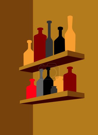 Illustration for Bar. A collection of various bottles on shelves on the back wall of the bar. - Royalty Free Image