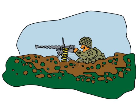 Machine gun position. The machine gunner in the ambush is ready to open fire. Comic character.