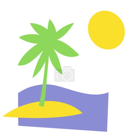 A lone palm tree on a small island in the middle of the ocean. Stylized drawing.