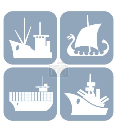 Colección de iconos del barco. Buque de carga pequeño, Viking Drakar, Barco contenedor, Acorazado.