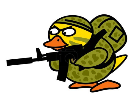 A duckling who imagines himself to be a real commando. A duck in camouflage with an assault rifle.