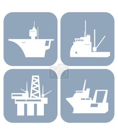 Collection of ship icons. Aircraft carrier, ofshore ship, oil rig, fishing factory vessel.