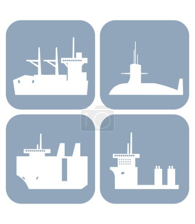 Collection of ship icons. Bulk ship, nuclear submarine, ro ro ship, heavy lift ship.