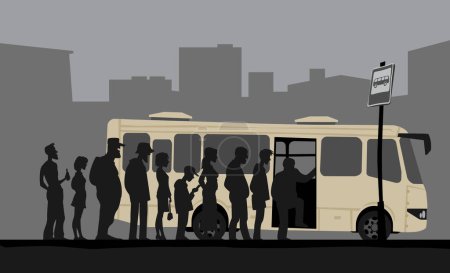 Téléchargez les illustrations : Matin gris à la périphérie de la ville. Les gens montent dans un bus. Image vectorielle pour gravures, affiches et illustrations. - en licence libre de droit