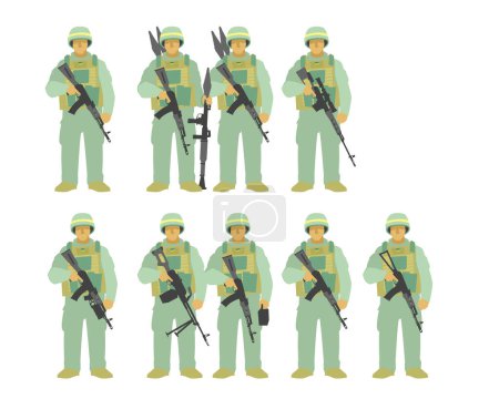 Illustration for Ukrainian troops. Personnel of the infantry rifle squad. rifleman, machine gunner, grenade launcher, support team, fire team, antitank team, marksman,. Vector image for illustrations. - Royalty Free Image