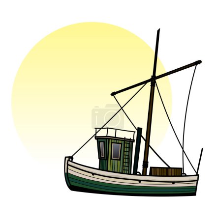 An old fishing boat and the morning sun. Morning at sea. Stylized image for prints, poster and illustrations.
