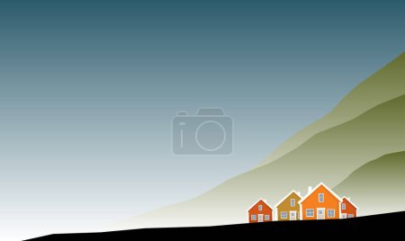 Ilustración de Una pequeña ciudad al pie de verdes colinas. Imagen vectorial para impresiones, póster o ilustraciones. - Imagen libre de derechos